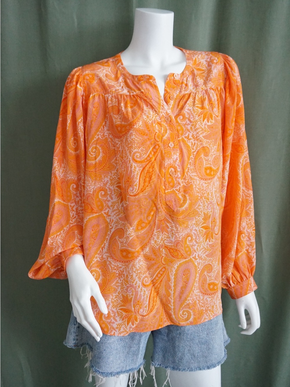 Zadig & Voltaire Orange Paisley Silk Button Up Blouse - Size Medium